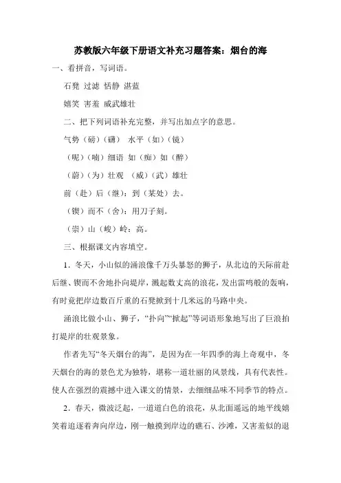 苏教版六年级下册语文补充习题答案：烟台的海