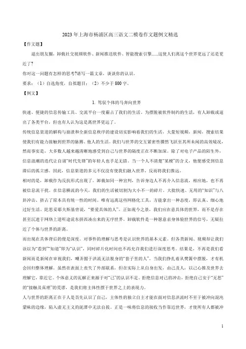 2023年上海市杨浦区高三语文二模卷作文题例文精选