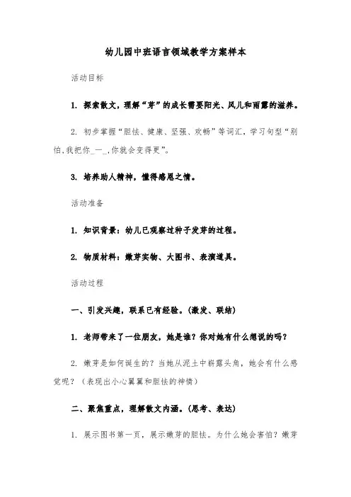 幼儿园中班语言领域教学方案样本（四篇）