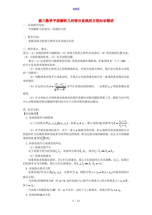 高三数学平面解析几何部分 直线的方程知识精讲 人教实验版B