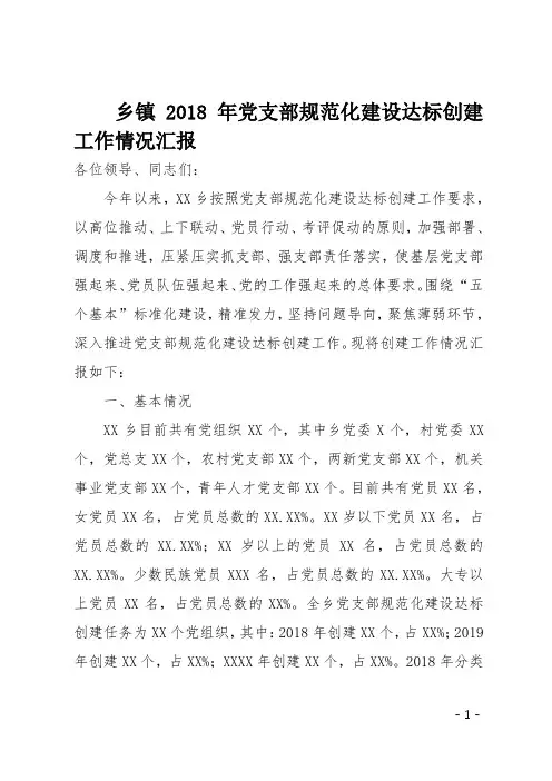 乡镇2018年党支部规范化建设达标创建工作情况汇报