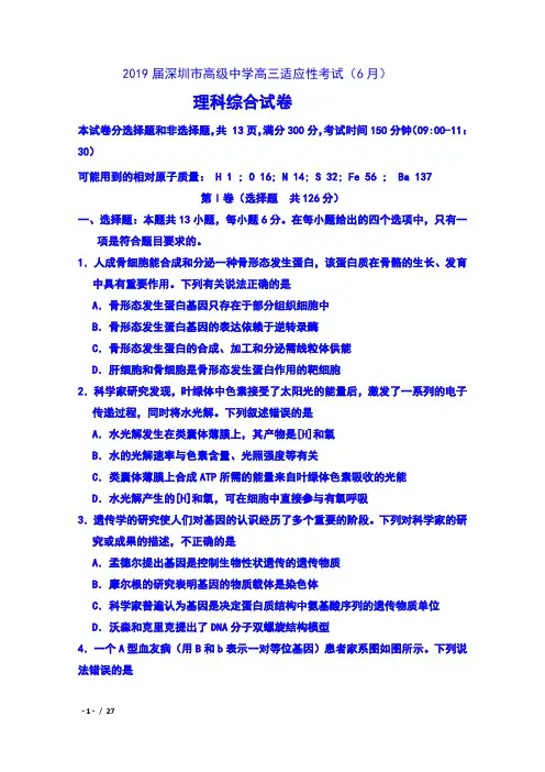 2019届广东省深圳市高级中学高三适应性考试(6月)理科综合试卷及答案