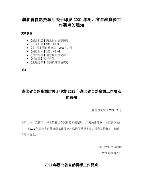 湖北省自然资源厅关于印发2021年湖北省自然资源工作要点的通知
