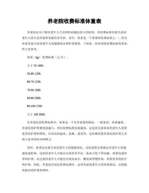 养老院收费标准体重表