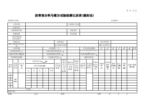 沥青混合料马歇尔试验检测记录表(蜡封法)