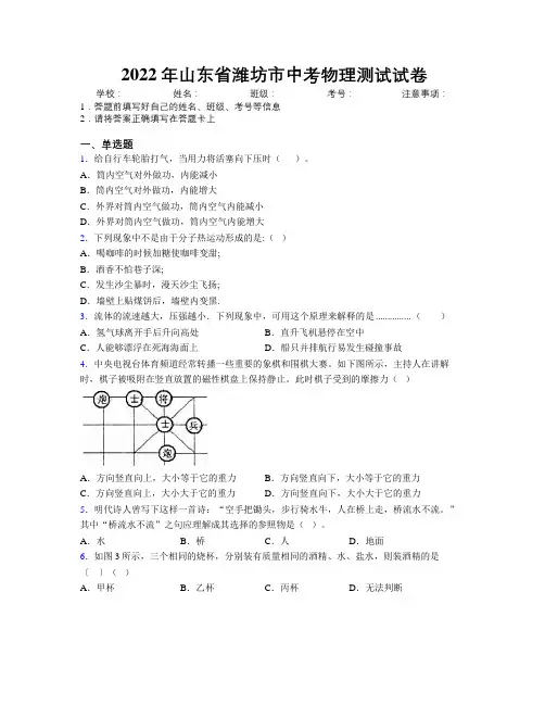 2022年山东省潍坊市中考物理测试试卷及解析