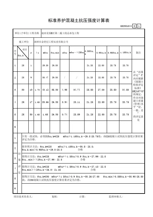 标准养护混凝土抗压强度计算表(实用)
