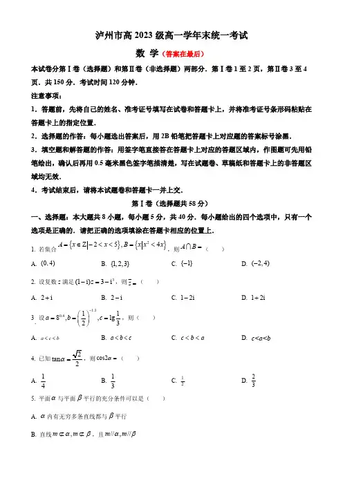 四川省泸州市2023-2024学年高一下学期7月期末考试 数学含答案