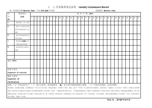 (平压机)月度设备保养记录表