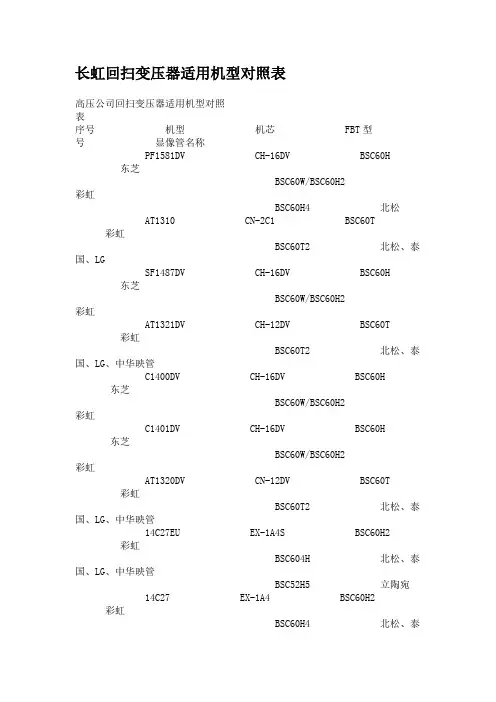 长虹回扫变压器适用机型对照表