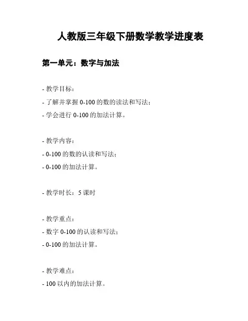 人教版三年级下册数学教学进度表