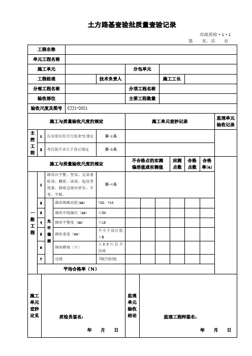市政道路工程检验批质量检验记录表格全套