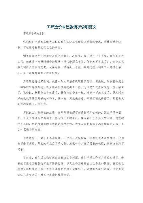 工程造价未还款情况说明范文