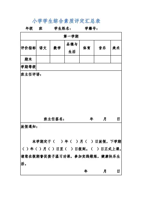 小学学生综合素质评定汇总表