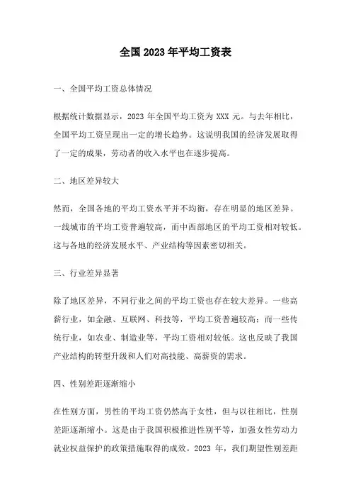 全国2023年平均工资表