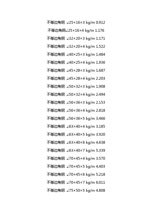 不等边角钢理论重量表规格表