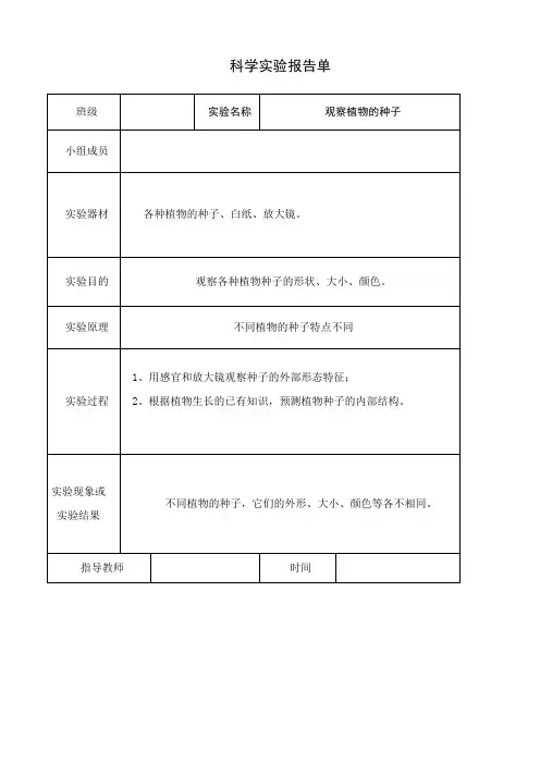 教科版三年级下册科学实验报告单
