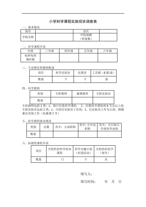 小学科学课程实施现状调查表