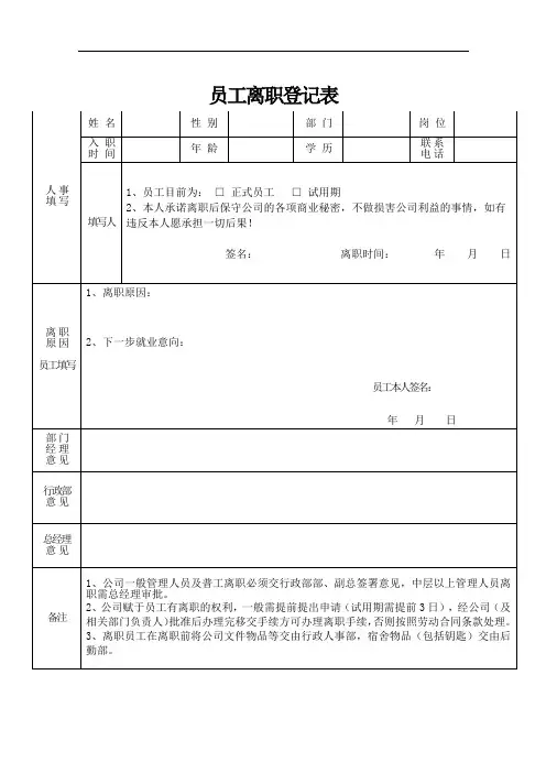 员工离职登记表