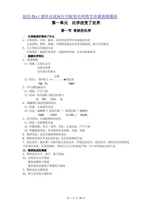 鲁教版九年级化学上册全册知识点公式提纲