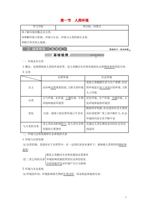 高中地理 第一单元 环境与环境问题 第一节 人类环境学案 鲁教版选修6