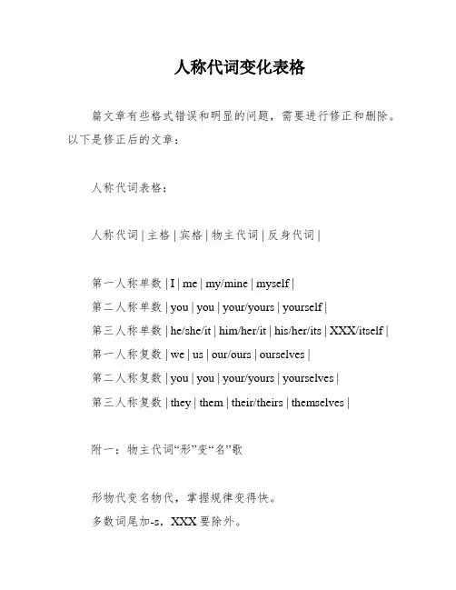 人称代词变化表格