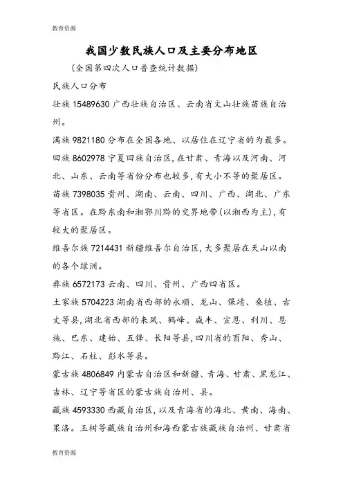 【教育资料】我国少数民族人口及主要分布地区学习专用