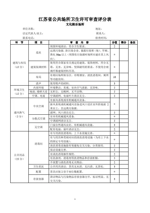 江苏省公共场所卫生许可量化分级评分表(文化娱乐场所)讨论稿