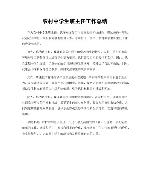 农村中学生班主任工作总结