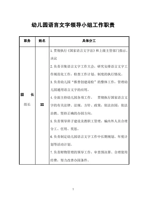 幼儿园语言文字领导小组工作职责