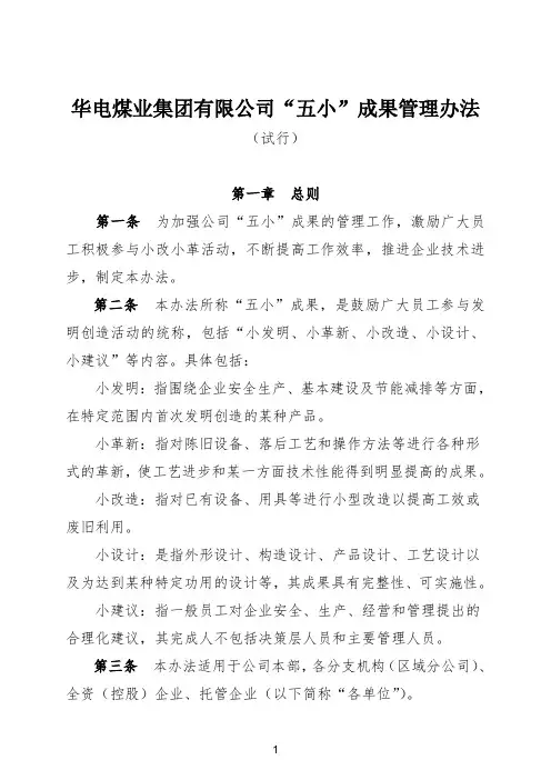 华电煤业集团有限公司“五小”成果管理办法(试行)