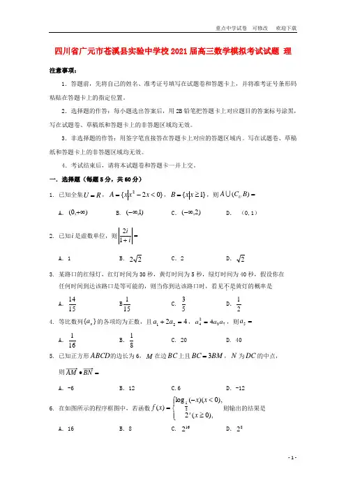 四川省广元市苍溪县实验中学校2021届高三数学模拟考试试题 理