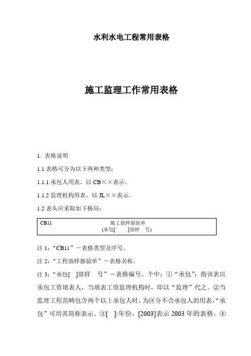 水利水电工程常用表格