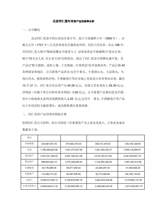 2021年北京同仁堂年末资产运用效率分析