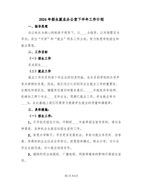 2024年招生就业办公室下半年工作计划（二篇）