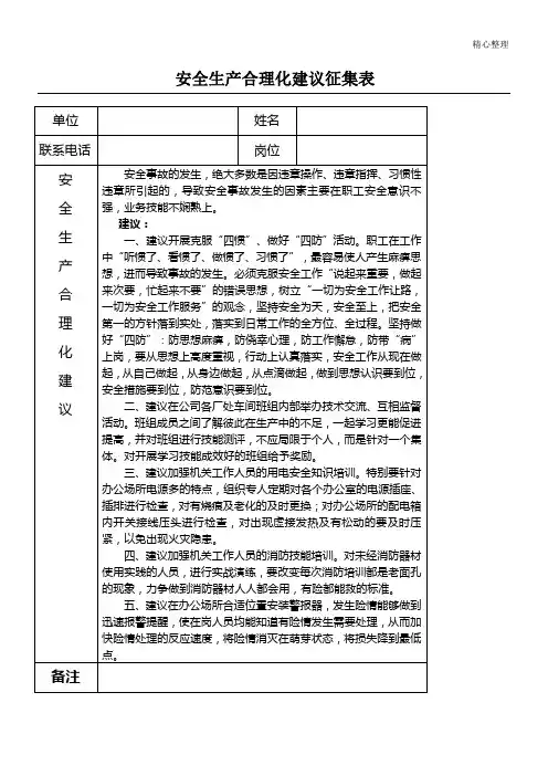 安全生产合理化建议征集表