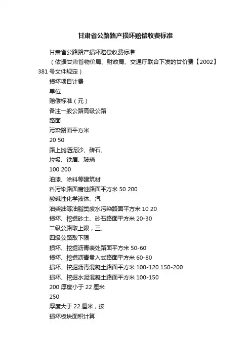 甘肃省公路路产损坏赔偿收费标准