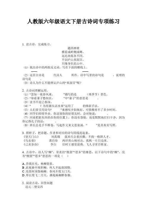 人教版六年级语文下册古诗词专项练习