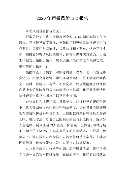 2020年声誉风险自查报告
