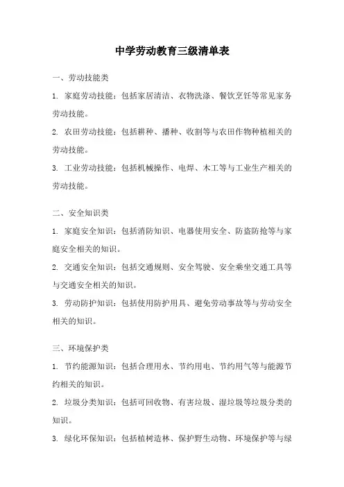中学劳动教育三级清单表