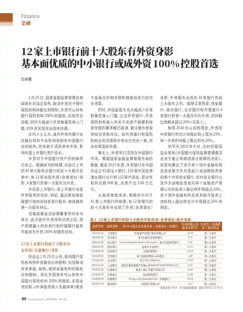 12家上市银行前十大股东有外资身影_基本面优质的中小银行或成外资100%控股首选