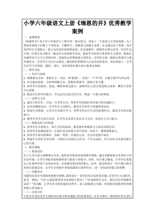 小学六年级语文上册《瑞恩的井》优秀教学案例