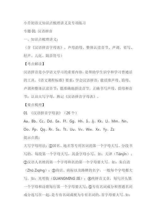 统编版小升初语文知识点梳理讲义及专项练习专题01 汉语拼音(有解析)