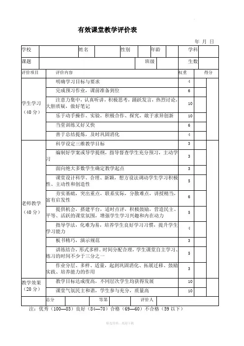 有效课堂教学评价表  大全