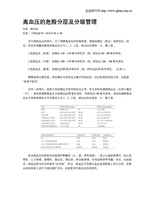高血压的危险分层及分级管理