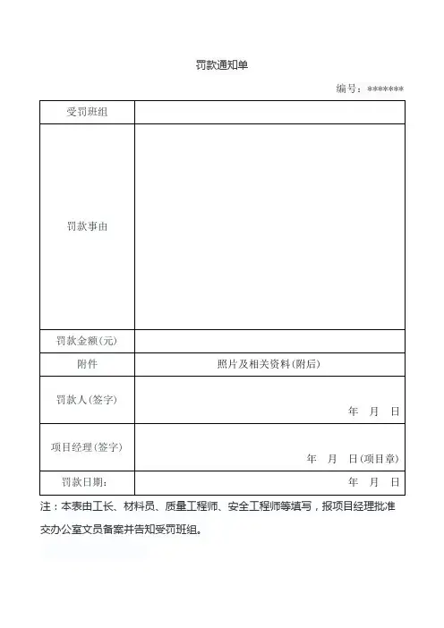 工程班组罚款单模板