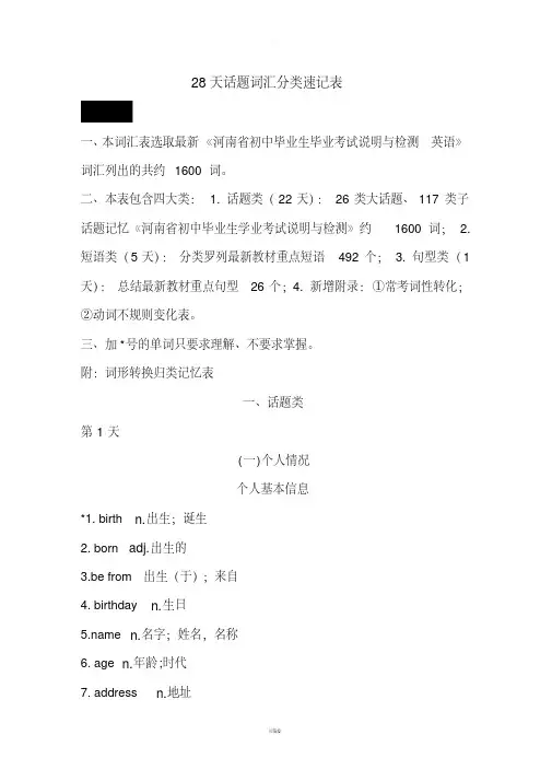 中考28天话题词汇分类速记表