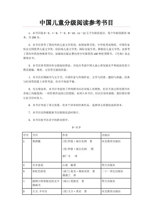 中国儿童分级阅读参考书目