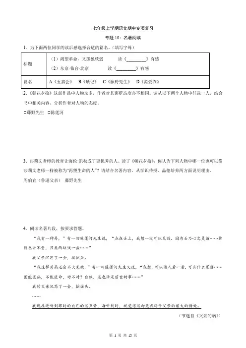 七年级上册语文专题10：名著阅读
