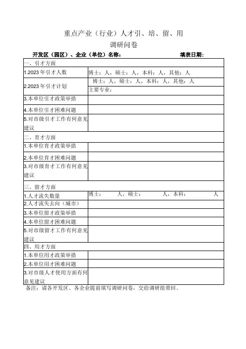 重点产业或行业人才引培留用调研问卷